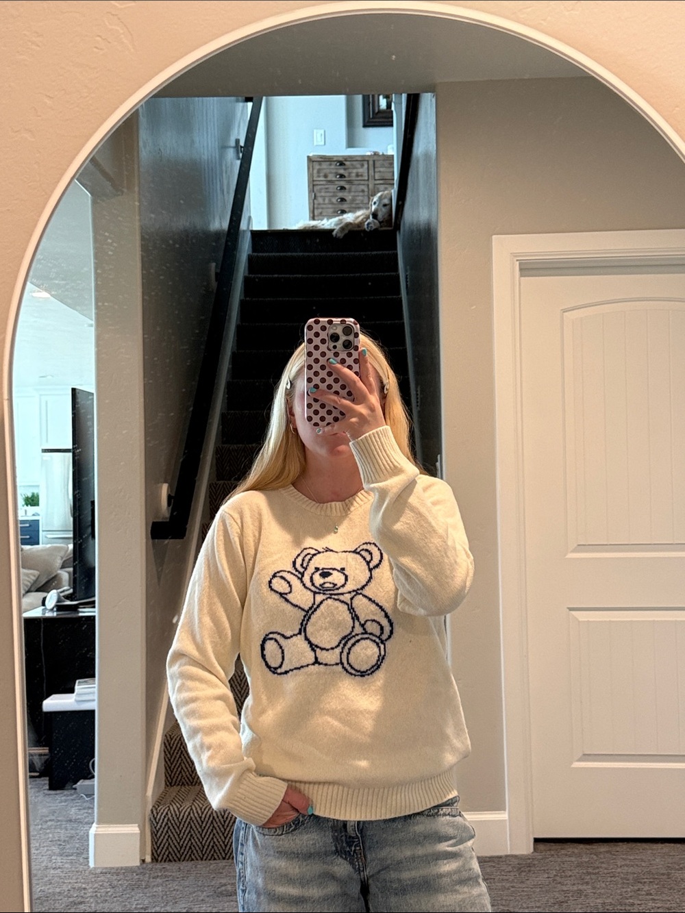Brandy Melville Cream Sweater with Navy Teddy Bear